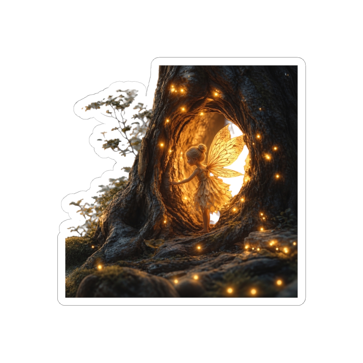 Whimsical image of a fairy in the hollow of a tree square sticker | Mina the Hollower